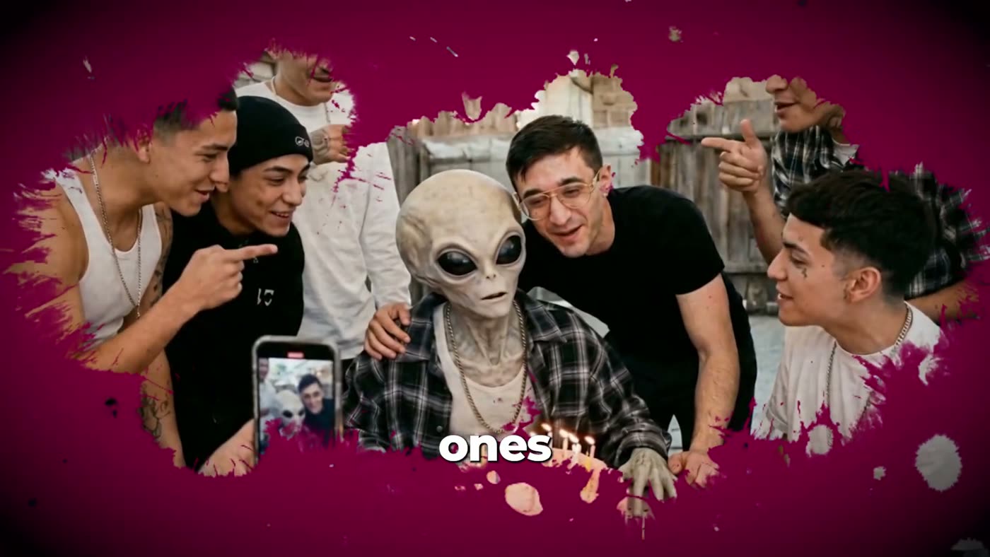 Friends taking a selfie with an alien at a backyard party