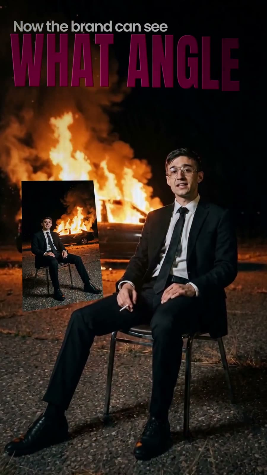 A man sitting calmly in front of a burning car