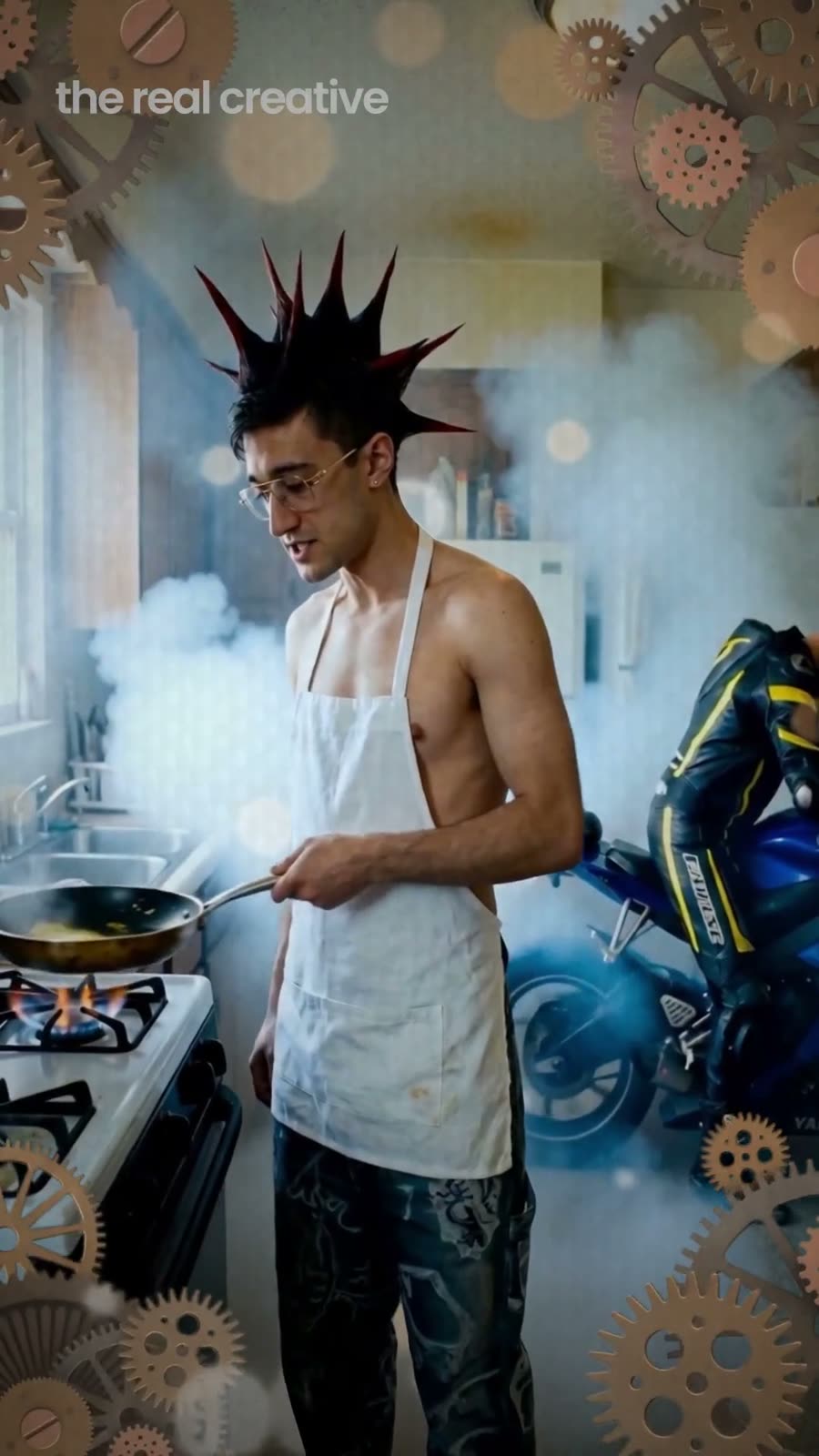 A punk with a mohawk cooking in an apron